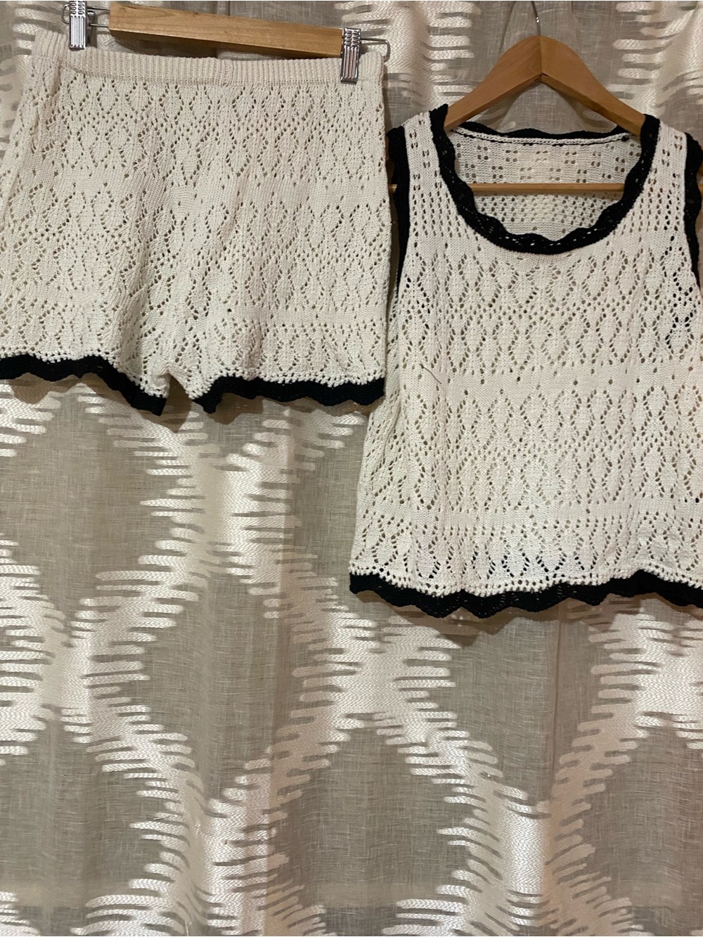 Soly Hux from Amazon Women's Crochet Tank Top and shortsin Ivory with Black Trim